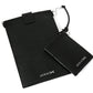 back of a black vegan leather phone pouch with a black vegan leather magnetic wristlet key chain and a black removable three pocket wallet.