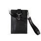 A black vegan leather phone pouch with a black vegan leather magnetic wristlet key chain and a black removable three pocket wallet.